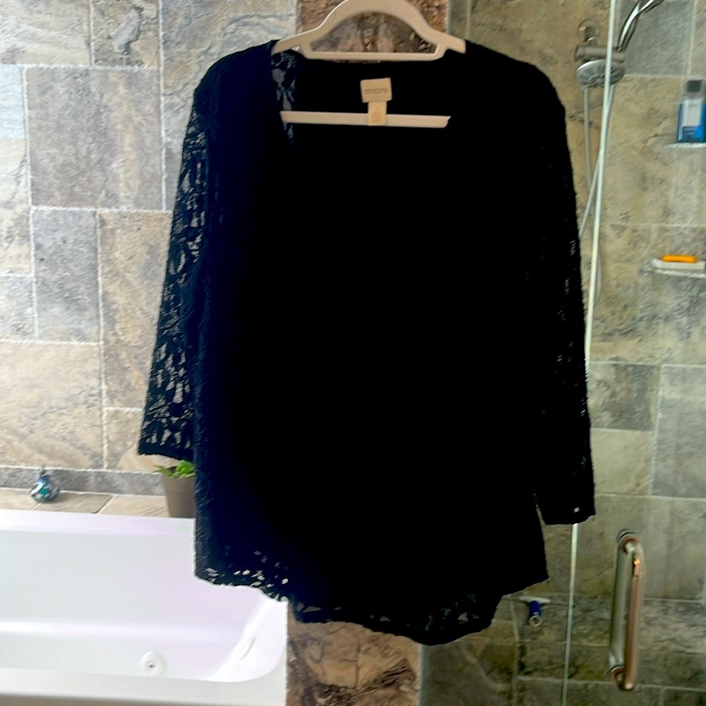 Chicos black lace top with 3/4 sleeve.